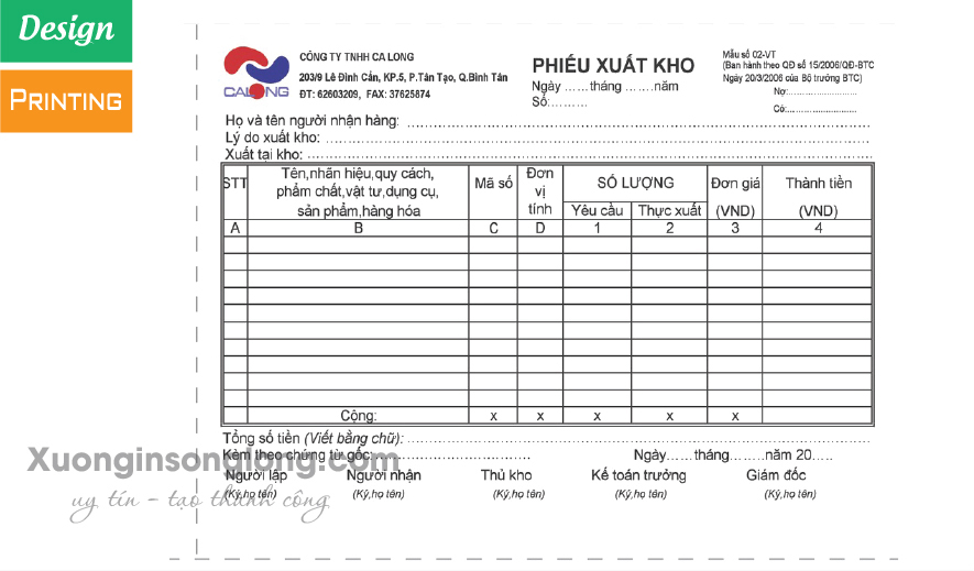 IN PHIẾU XUẤT NHẬP KHO CÔNG TY VẬN TẢI CA LONG